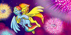 Size: 2000x1000 | Tagged: dead source, safe, artist:calicopikachu, rainbow dash, spitfire, pegasus, pony, g4, duo, eyes closed, female, fireworks, flying, hug, lesbian, mare, ship:spitdash, shipping, stars