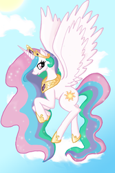 Size: 800x1200 | Tagged: dead source, safe, artist:glitteringsky, princess celestia, alicorn, pony, g4, female, flying, looking at you, mare, sky, solo, sun