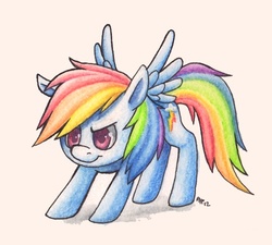 Size: 500x450 | Tagged: safe, artist:atomicray, rainbow dash, pegasus, pony, g4, cute, dashabetes, female, filly, filly rainbow dash, foal, mare, photoshop, smiling, solo, spread wings, traditional art, wings