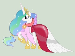 Size: 2592x1944 | Tagged: dead source, safe, artist:miesmauz, princess celestia, alicorn, pony, g4, clothes, crown, dress, female, gala dress, gimp, gray background, jewelry, mare, raised hoof, regalia, simple background, solo