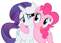 Size: 2000x1398 | Tagged: safe, artist:takua770, pinkie pie, rarity, earth pony, pony, unicorn, g4, hearth's warming eve (episode), :p, duo, female, hug, looking at each other, mare, no tail, photoshop, simple background, smiling, tongue out, transparent background, vector