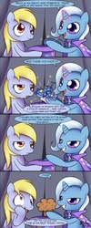 Size: 600x1505 | Tagged: safe, artist:solar-slash, derpy hooves, trixie, pegasus, pony, unicorn, g4, cape, clothes, comic, duo, female, glowing horn, hat, horn, mare, muffin, photoshop, that pony sure does love muffins, trixie's cape, trixie's hat