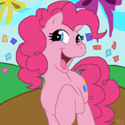 Size: 900x900 | Tagged: dead source, safe, artist:myanimation0, pinkie pie, earth pony, pony, g4, bow, confetti, female, happy, looking at you, mare, smiling, solo