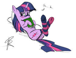 Size: 1722x1325 | Tagged: safe, artist:peperoger, twilight sparkle, pony, unicorn, g4, adorasexy, adorkable, adorkasexy, blushing, book, bookhorse, butt, clothes, cute, dork, female, glasses, mare, messy mane, on back, paint tool sai, pillow, plot, sexy, signature, simple background, socks, solo, striped socks, twiabetes, unicorn twilight, white background