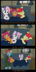 Size: 1980x3950 | Tagged: dead source, safe, artist:naterrang, apple bloom, rainbow dash, scootaloo, sweetie belle, earth pony, pegasus, pony, unicorn, g4, backwards thermometer, blanket, cat ears, cold, comic, couch, cutie mark crusaders, female, filly, hot water bottle, mare, onomatopoeia, photoshop, red nosed, scootalove, sick, sleeping, snoring, sound effects, thermometer, wet mane, zzz