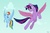 Size: 1500x1000 | Tagged: safe, artist:psychodikdik, rainbow dash, twilight sparkle, pegasus, pony, unicorn, g4, annoyed, artificial wings, augmented, duo, fake alicorn, featureless crotch, female, flying, frown, glowing horn, hax, hilarious in hindsight, horn, magic, magic wings, mare, photoshop, raised eyebrow, sky, smiling, spread wings, unicorn twilight, wings