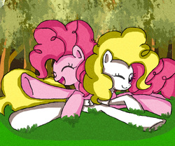 Size: 1800x1500 | Tagged: safe, artist:mykittystyle, pinkie pie, surprise, earth pony, pegasus, pony, g1, g4, adoraprise, cute, diapinkes, duo, eyes closed, female, g1 to g4, generation leap, generational ponidox, happy, mare, paint tool sai, prone, smiling, tree