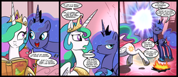 Size: 1500x656 | Tagged: safe, artist:madmax, princess celestia, princess luna, alicorn, pony, g4, amazing horse, banana, book, burning, comic, comic strip, dialogue, duo, eyes closed, female, fire, food, frown, galaxy mane, hoof shoes, i really like her mane, mare, oblivious, open mouth, royal sisters, royal we, running, sisters, slice of life, space mane, space portal mane, supernova, sweat, this will end in tears and/or death, wide eyes, worried