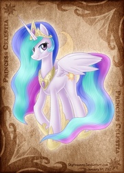 Size: 504x701 | Tagged: safe, artist:skyheavens, princess celestia, alicorn, pony, g4, card, crown, cutie mark background, female, jewelry, looking at you, mare, name, palindrome get, photoshop, regalia, smiling, smiling at you, solo, spread wings, standing, three quarter view, tiara, wings