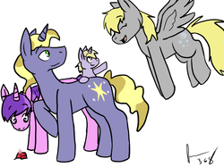 Size: 720x538 | Tagged: safe, artist:moonstruck-badger, amethyst star, derpy hooves, dinky hooves, ponet, sparkler, pegasus, pony, unicorn, g4, family, female, filly, first amethyst star picture on derpibooru, flying, gem, looking at each other, male, mare, ponetderp, raised hoof, rarepair, ruby, shipping, simple background, smiling, spread wings, stallion, straight, white background, wings