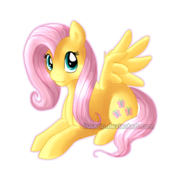 Size: 512x512 | Tagged: dead source, safe, artist:shine-the-drolf, fluttershy, pegasus, pony, g4, female, looking at you, lying down, mare, prone, simple background, smiling, smiling at you, solo, spread wings, transparent background, watermark, wings