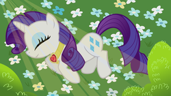 Size: 1920x1080 | Tagged: safe, artist:adcoon, rarity, pony, unicorn, g4, secret of my excess, crepuscular rays, female, fire ruby, flower, inkscape, mare, on side, show accurate, sleeping, smiling, solo, vector, wallpaper