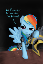 Size: 1169x1725 | Tagged: safe, artist:katakiri, commander hurricane, rainbow dash, pegasus, pony, g4, hearth's warming eve (episode), armor, bipedal, blue text, clothes, costume, dialogue, female, helmet, looking at you, mare, solo, spread wings, table, wings