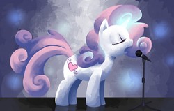 Size: 1500x953 | Tagged: safe, artist:reuniclus, sweetie belle, pony, unicorn, g4, alternate cutie mark, eyes closed, female, filly, glowing horn, horn, microphone, music, old cutie mark, palindrome get, singing, solo, stage