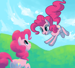 Size: 1100x1000 | Tagged: dead source, safe, artist:reuniclus, pinkie pie, earth pony, pony, g4, cloud, duality, duo, female, happy, looking at each other, mare, self ponidox, smiling, solo