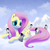 Size: 800x800 | Tagged: safe, artist:reuniclus, fluttershy, bird, emperor penguin, pegasus, penguin, pony, g4, cloud, cloudy, cute, featured image, female, lineless, mare, mountain, prone, shyabetes, sky, smiling, snow, solo, spread wings, wayback machine source, weapons-grade cute, wings