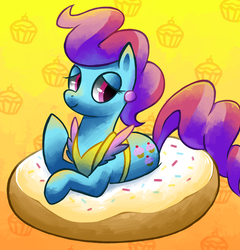 Size: 816x851 | Tagged: dead source, safe, artist:reuniclus, cup cake, earth pony, pony, g4, apron, clothes, cute, donut, earring, featured image, female, food, looking back, looking down, mare, prone, sexy, smiling, solo, sprinkles