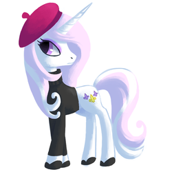 Size: 700x700 | Tagged: dead source, safe, artist:reuniclus, fleur-de-lis, pony, unicorn, g4, beatnik, beret, clothes, female, hat, mare, simple background, skunk stripe, solo, white background