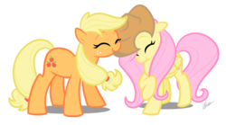 Size: 1236x686 | Tagged: safe, artist:egophiliac, applejack, fluttershy, earth pony, pegasus, pony, g4, accessory swap, adobe imageready, applejack's hat, cowboy hat, cute, eyes closed, female, floppy ears, happy, hat, mare, palindrome get, simple background, smiling, transparent background