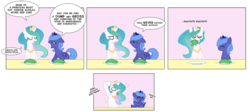 Size: 1240x556 | Tagged: safe, artist:egophiliac, princess celestia, princess luna, alicorn, pony, g4, alfalfa, alfalfa monster, annoyed, artifact, cewestia, comic, cute, dialogue, eating, egads no, eye contact, eyes closed, female, filly, filly celestia, filly luna, floppy ears, food, frown, glare, grumpy, herbivore, laughing, looking at each other, mare, nom, onomatopoeia, open mouth, pouting, royal sisters, sisters, slice of life, smiling, sound effects, speech bubble, unamused, weapons-grade cute, wide eyes, woona, woonoggles, ye olde english, younger