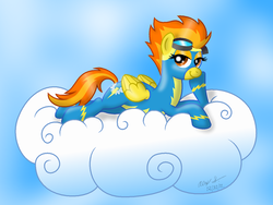Size: 1024x771 | Tagged: safe, artist:aleximusprime, spitfire, pegasus, pony, g4, clothes, cloud, female, goggles, hooves, looking at you, lying on a cloud, mare, on a cloud, paint.net, prone, smiling, solo, uniform, wings, wonderbolts, wonderbolts uniform
