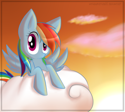 Size: 931x829 | Tagged: dead source, safe, artist:mynewpicture02, rainbow dash, pegasus, pony, g4, cloud, cloudy, female, hooves, looking at you, lying on a cloud, mare, on a cloud, paint.net, prone, solo, spread wings, wings