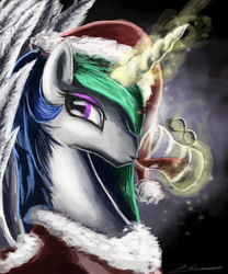 Size: 750x900 | Tagged: safe, artist:huussii, princess celestia, alicorn, pony, g4, drink, female, glowing horn, hat, horn, hot chocolate, levitation, looking back, magic, mare, photoshop, santa hat, solo, spread wings, telekinesis, wings