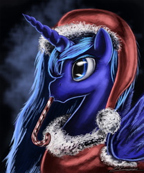 Size: 750x900 | Tagged: safe, artist:huussii, princess luna, alicorn, pony, g4, candy, candy cane, clothes, female, hat, mare, mouth hold, photoshop, santa hat, solo, spread wings, wings
