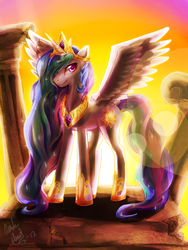 Size: 1050x1400 | Tagged: dead source, safe, artist:hungrychickens, princess celestia, alicorn, pony, g4, backlighting, female, looking at you, mare, ruins, smiling, solo, spread wings, wings