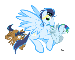 Size: 2954x2383 | Tagged: safe, artist:littletiger488, soarin', oc, oc:circuit, oc:eden, pegasus, pony, g4, biting, colt, family, father and child, father and son, flying, flying lesson, foal, high res, male, mouth hold, offspring, parent:applejack, parent:rainbow dash, parent:soarin', parents:soarindash, parents:soarinjack, photoshop, simple background, stallion, tail, tail bite, tail pull, transparent background, trio