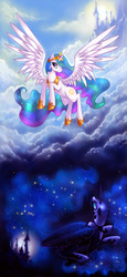 Size: 1288x2808 | Tagged: safe, artist:limreiart, nightmare moon, princess celestia, princess luna, alicorn, pony, g4, canterlot, cloud, cloudy, contrast, day, duo, female, flying, hoof shoes, mare, night, outdoors, palindrome get, photoshop, royal sisters, spread wings, stars, wings