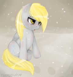Size: 3932x4119 | Tagged: dead source, safe, artist:fluoromuds, derpy hooves, pegasus, pony, g4, crying, female, filly, foal, sad, sitting, snow, snowfall, solo, younger