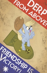 Size: 1650x2550 | Tagged: safe, artist:smashinator, derpy hooves, pegasus, pony, g4, atomic bomb, bomb, derp from above, dr. strangelove, female, hat, mare, photoshop, poster, propaganda, riding a bomb, solo, spread wings, wings