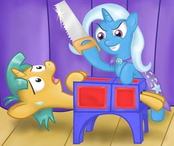 Size: 1792x1500 | Tagged: safe, artist:041744, snails, trixie, pony, unicorn, g4, box, box sawing trick, colt, crosscut saw, duo, female, gimp, magic trick, male, mare, not a magic trick, saw, scared, smiling, stage, this will end in tears and/or death