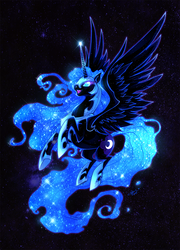 Size: 1082x1500 | Tagged: safe, artist:bhs-archetyperex, artist:blackheartspiral, nightmare moon, alicorn, pony, g4, female, flying, glowing, glowing mane, helmet, hoof shoes, mare, peytral, slit pupils, solo, spread wings, starry mane, stars