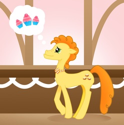 Size: 1632x1647 | Tagged: dead source, safe, artist:inky-lee, carrot cake, earth pony, pony, g4, carrotbetes, cupcake, cute, dessert, implied carrot cup, implied cup cake, implied shipping, implied straight, male, photoshop, solo, stallion, thinking