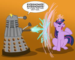 Size: 1000x800 | Tagged: safe, artist:the_gneech, part of a set, twilight sparkle, pony, unicorn, g4, adobe imageready, bored, crossover, dalek, dialogue, doctor who, exterminate, eyes closed, female, force field, glowing horn, gradient background, horn, magic, mare, open mouth, sitting, unicorn twilight, yawn