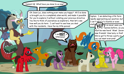 Size: 1280x768 | Tagged: safe, artist:menagerie, discord, pinkie pie, draconequus, earth pony, pegasus, pony, unicorn, fanfic:if wishes were ponies, g4, beverly crusher, comic sans, crossover, data, deanna troi, discord using contractions, disqord, fanfic art, female, flying, geordi laforge, jean-luc picard, jumping, male, mare, ponified, pronking, q, stallion, star trek, star trek: the next generation, william riker, worf