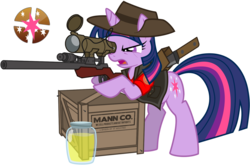 Size: 1596x1055 | Tagged: safe, artist:nikkikitty44, twilight sparkle, pony, unicorn, g4, crossover, female, gun, hat, hooves, horn, jar, jarate, knife, kukri, machete, mare, optical sight, pee in container, rifle, scar, simple background, sniper, sniper (tf2), sniper rifle, solo, team fortress 2, text, transparent background, twilight sniper, unicorn twilight, urine, weapon, who needs trigger fingers