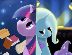 Size: 1300x1000 | Tagged: safe, artist:13era, trixie, twilight sparkle, pony, unicorn, g4, book, cape, clothes, crying, female, hat, looking down, looking up, mare, palindrome get, sad, split screen, stage, stars, trixie's cape, trixie's hat