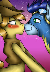 Size: 2038x2941 | Tagged: safe, artist:misukitty, braeburn, soarin', earth pony, pegasus, pony, g4, blushing, boop, clothes, duo, duo male, eye contact, first gay picture on derpibooru, gay, goggles, hat, imminent kissing, looking at each other, male, noseboop, one of the first, ship:soarburn, shipping, stallion, stars, uniform, wonderbolts, wonderbolts uniform