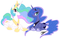 Size: 10500x6900 | Tagged: dead source, safe, artist:bronyfang, princess celestia, princess luna, alicorn, pony, g4, absurd resolution, female, hoof shoes, looking at you, mare, photoshop, prone, royal sisters, simple background, sisters, transparent background, ultimate luna