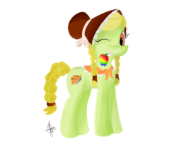 Size: 2500x2000 | Tagged: dead source, safe, artist:archendio, granny smith, earth pony, pony, g4, female, high res, looking at you, mare, mouth hold, one eye closed, simple background, solo, transparent background, wink, young granny smith, zap apple