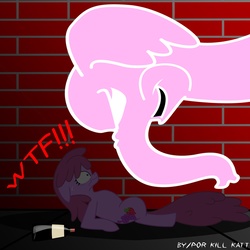 Size: 1500x1500 | Tagged: safe, artist:killkatt, berry punch, berryshine, earth pony, pony, g4, 666, brick wall, crossover, disney, drunk, dumbo, female, frown, mare, on back, photoshop, pink elephants, pink elephants on parade, scared, wat, wavy mouth, wide eyes, wtf