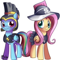 Size: 870x879 | Tagged: dead source, safe, artist:solar-slash, commander hurricane, fluttershy, private pansy, rainbow dash, pegasus, pony, g4, armor, clothes, costume, duo, female, helmet, mare, simple background, transparent background