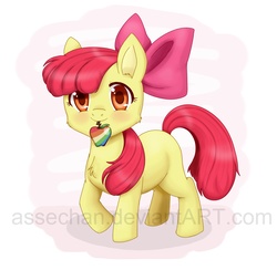 Size: 2058x2011 | Tagged: safe, artist:assechan, apple bloom, earth pony, pony, g4, adorabloom, apple bloom's bow, bow, cute, female, filly, hair bow, high res, looking at you, mouth hold, solo, watermark, zap apple