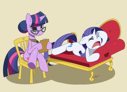 Size: 1000x725 | Tagged: safe, artist:jiayi, rarity, twilight sparkle, pony, unicorn, g4, bun hairstyle, duo, fainting couch, feather, female, glasses, hair bun, mare, marshmelodrama, rarity being rarity, simple background, sitting, tan background, therapist, therapy, twilight's professional glasses, unicorn twilight