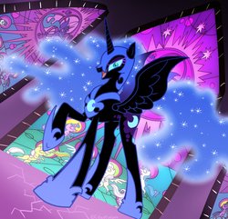 Size: 1000x962 | Tagged: safe, artist:celestialess, nightmare moon, alicorn, pony, g4, female, looking at you, mare, solo, spread wings, stained glass, wings