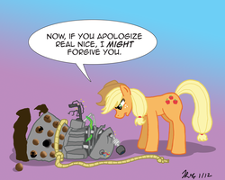 Size: 1000x800 | Tagged: safe, artist:the_gneech, part of a set, applejack, earth pony, pony, g4, adobe imageready, crossover, dalek, destroyed, dialogue, doctor who, female, gradient background, lasso, mare, rope