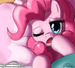 Size: 780x707 | Tagged: safe, artist:johnjoseco, pinkie pie, earth pony, pony, g4, adobe imageready, cute, diapinkes, female, looking at you, mare, morning ponies, one eye closed, solo, yawn